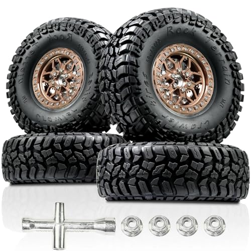 2.2 RC Crawler Tires 1/10 Beadlock Wheels, Soft Rubber Mud Terrain Tires 5.0x1.9, CNC Aluminum 12mm Hex Wheels 5.5mm Offset, RC Wheel Tire Set for SCX10 TRX4 TRX6 Gen8 VS4-10 - color: Bronze