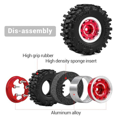 0.7" Aluminum Beadlock Wheels and Tires Set for 1/30 Axial SCX30 RC Crawler – Upgrade Parts (Red-296) - color: Red-296