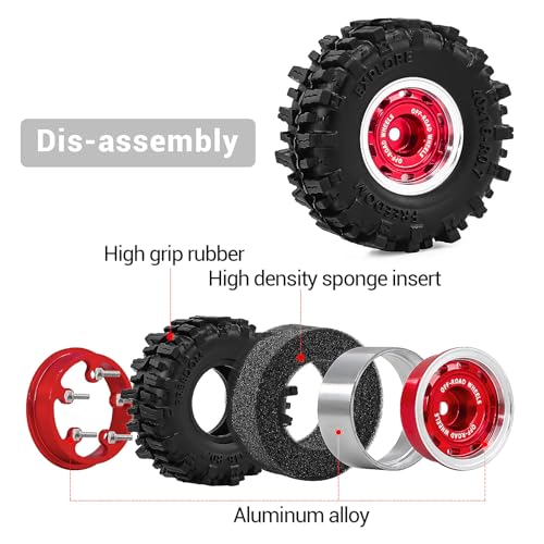 0.7" Aluminum Beadlock Wheels and Tires Set for 1/30 Axial SCX30 RC Crawler – Upgrade Parts (Red-296) - color: Red-296