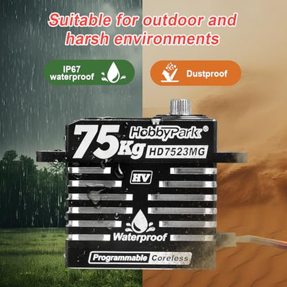 HobbyPark Waterproof 75kg High Torque RC Steering Servos Coreless Motor Digital Servo Standard Size HV Metal Gears for 1/8 1/10 RC Crawler Car Truck Buggy Basher Bashing 180° Aluminum Case