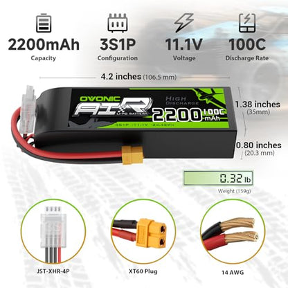 OVONIC 3S Lipo Battery 100C 2200mAh 11.1V Lipo Battery with XT60 Connector for RC Airplane Helicopter Quadcopter RC Car Truck Boat(2 Packs)(with Lipo Voltage Checker)