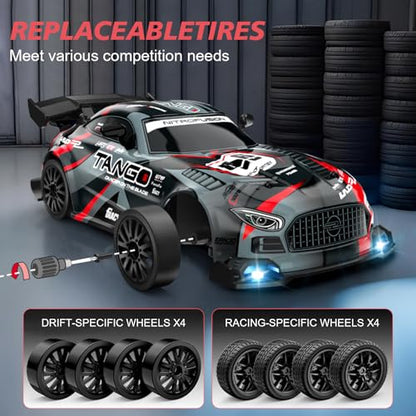 RC Car for Kids, 1:24 High Speed Remote Control Drift Car | 2.4GHz 4WD RC drift car with LED lights, 2 batteries (50-min runtime), drift tires, Birthday gift for boys aged 4-12, Black - color: 2-black