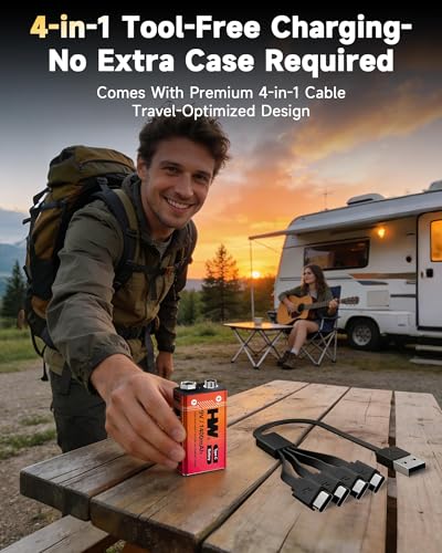 HW 9 Volt Batteries 4 Pack, 1400mAh Rechargeable Lithium Battery 9V with USB C Fast Charging Cable, 1000 Cycles Square Baterias for Smoke Detectors, Fire Alarms, Remote Controls, Clocks and More