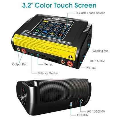 Dual Channel RC Lipo Battery Charger with Touchscreen LCD – 200W AC/400W DC, 12A×2 Fast Charging, Smart Balance Charger for LiPo/LiHV/Life/Pb/NiCd/NiMH/Smart Batteries (1S-6S)