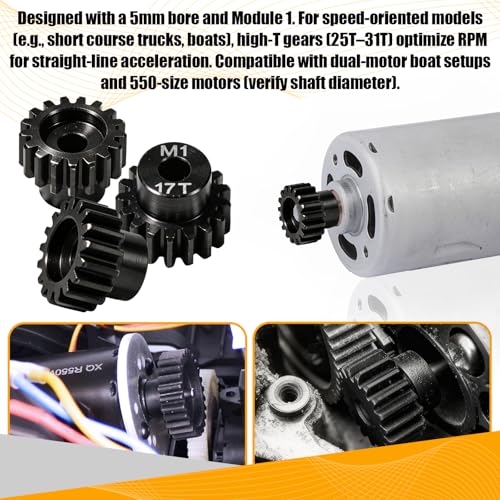 M1 Gear 17T 5mm Bore 3-Pack – High-Precision Hardened Steel Motor Pinion Gear for 1/8 1/10 RC Crawler, Monster Truck, Short Course Truck & Boat (Compatible with Traxxas Axial, FMS, HSP Redcat Losi) - style: M1 3Pcs 17T