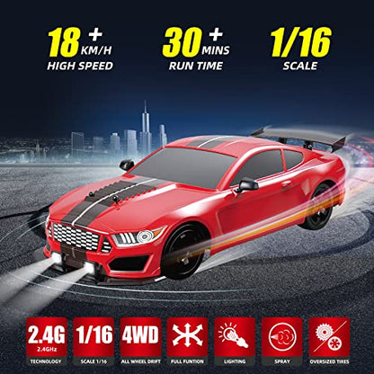 RC Drift Car 2.4GHz 1:16 Scale 4WD High Speed Remote Control Cars Vehicle with LED Lights Two Batteries and Drifting Tires Racing Sport Toy Cars for Adults Boys Girls Kids - color: Red