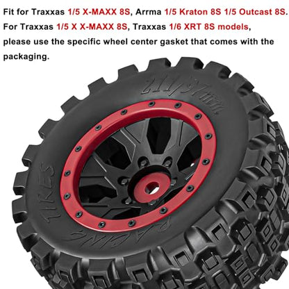 LRFHL 1/5 RC Monster Truck Tires 4PCS, Red | 24mm Hex Wheels MX43 RC Tires for Traxxas 1/5 X-MAXX 8S Arrma 1/5 Kraton 8S 1/5 Outcast 8S - color: Red