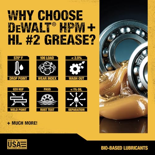 DEWALT Biosynthetic Lithium Complex #2 Grease - USDA Certified Industrial Grade CV Joint & Wheel Bearing Grease for High-Load, High-Temp Use in Construction, Agriculture - 14 oz