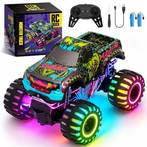 Remote Control Monster Truck Toys, RC Monster Trucks for Kids Ages 4-7-12 | 1:20 Scale, 2.4GHz RC Car Trucks with Lights, All Terrain, 2 Rechargeable Batteries, Christmas Birthday Gifts for Boys Girls
