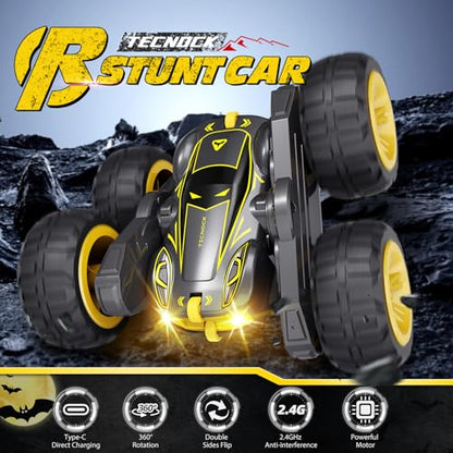 Tecnock Remote Control Car for Kids, 2.4GHz RC Cars with USB-C Easy Charging, 4WD Double Sided 360° Rotates and Flips RC Stunt Car, Toys Gift for Boys and Girls Ages 6-8, 8-12 - color: Yellow