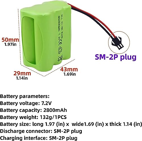 2PCS AA 7.2V 2800mAh Ni-MH High Capacity Battery with SM-2P Plug and 2PCS USB Charging Cable for Toy Tank Engineering, Flat Semi-Trailer Trucks, RC Cars Spare Batteries Pack