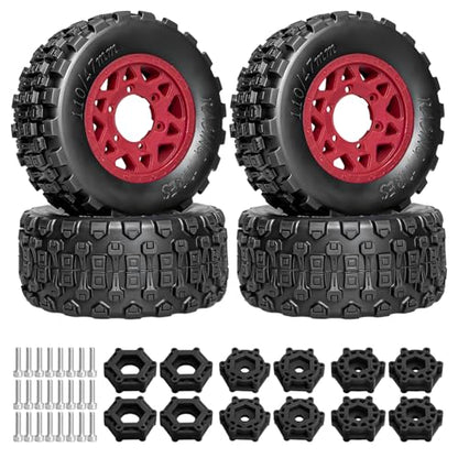LRFHL 1/10 RC Short Course Truck Tires with 12mm 14mm 17mm Hex, 4PCS | Pre-Glued, RC Off-Road Short Truck Tires, for 1/8 1/10 Arrma Senton Traxxas Slash 2WD Axial Losi Redcat - color: Black Tires+ Red Wheels