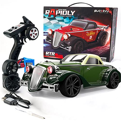 1/16 Scale 4WD Retro RC Drift Car with 35km/h Speed, 390 Motor, IPX4 Waterproof, LED Headlights, 2.4GHz Full Proportional Control Great Gift for Adults-Army Green - color: Army Green