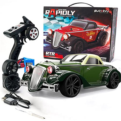 1/16 Scale 4WD Retro RC Drift Car with 35km/h Speed, 390 Motor, IPX4 Waterproof, LED Headlights, 2.4GHz Full Proportional Control Great Gift for Adults-Army Green - color: Army Green