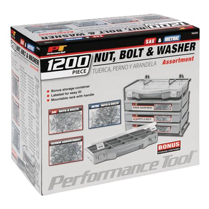 Performance Tool W5226 1200-Piece SAE/Metric Nut and Bolt Assortment Kit | Includes 360 machine screws, 840 nuts, bolts and washers in one kit. Labeled mountable rack with handle. Storage container