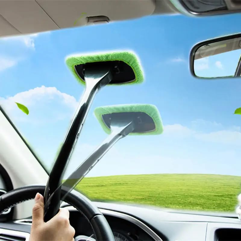 Windshield Cleaner Tool – Car Interior Glass Cleaning Kit with Extendable Handle & 4 Microfiber Pads, Auto Glass Wash Brush for Car Detailing, Trucks, SUVs, RVs & Home Windows