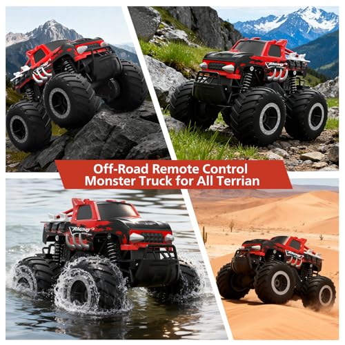 HOMETALL Amphibious Remote Control Car Monster Truck Toys - 1:16 All Terrain RC Trucks High Speed RC Cars with Crashworthy Body,Off- Road Electric Vehicle Kid Toys for Boys and Girls,Age 6+,Red - color: Red-black