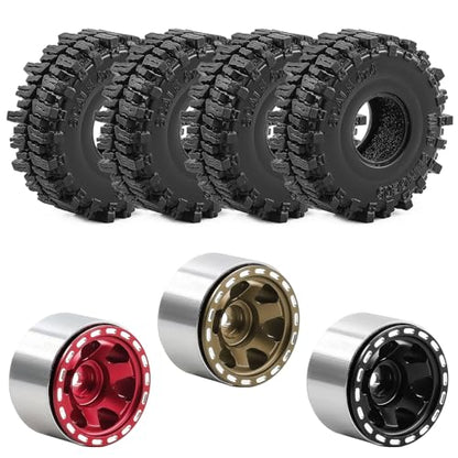 1.0" Beadlock Aluminum Wheels and 64mm Soft Rubber Tires | for SCX24, TRX4M, Ascent 18, FCX24, 1/18 1/24 RC Crawler, 7mm Hex, 0mm Offset, with Foam Inserts, (Red) - color: Red
