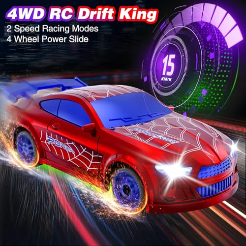 Mini RC Car 1:64 Scale, Remote Control Desktop Car for Kids & Adults | 2.4GHz Spider RC Drift Car with LED Lights & 2 Speeds, Includes 4 Obstacles, Hobby Gift for Boys, Red - color: Red