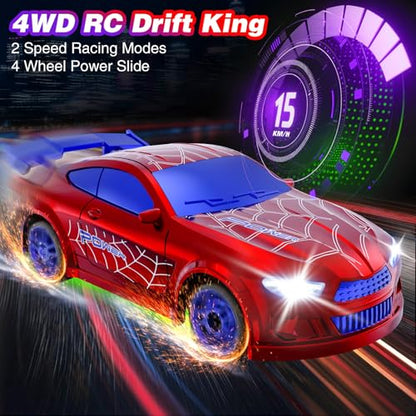 Mini RC Car 1:64 Scale, Remote Control Desktop Car for Kids & Adults | 2.4GHz Spider RC Drift Car with LED Lights & 2 Speeds, Includes 4 Obstacles, Hobby Gift for Boys, Red - color: Red