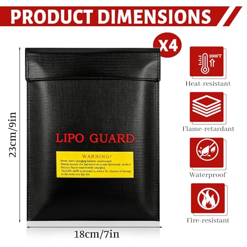 4 Pack Lipo Safe Bag for Battery Storage and Charging, Black Double Layer High-Density Fabric Protective Pouch with Hook-and-Loop Closure, Portable Organizer for Phone, Cards, Cash and Travel (Black)