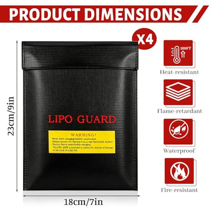 4 Pack Lipo Safe Bag for Battery Storage and Charging, Black Double Layer High-Density Fabric Protective Pouch with Hook-and-Loop Closure, Portable Organizer for Phone, Cards, Cash and Travel (Black)