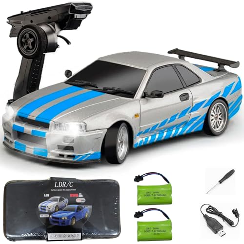 LD1899 1:18 RC Drift Car GTR R34 2.4GHz RWD with Gyroscope on-Road Alloy Body Shell Racing Cars Radio Control (Silvery)