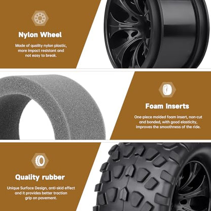 2.8 Tires and Wheels 12mm Hex 1/10 Scale RC Monster Truck Wheels for Traxxas Rustler VXL Stampede 4x4 Redcat Volcano EPX Pro Blackout XTE, Set of 4