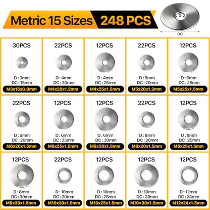530PCS Flat Washers Assortment Kit, 304 Stainless Steel Washers | Fender Washers, 24 Sizes (M3 M4 M5 M6 M8 M10 M12 6# 8# 10# 12# 1/4 5/16 3/8 7/16 1/2) SAE + Metric Metal Washers for Screws - style: 530PCS (Metric+SAE)