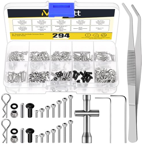 294Pcs M1.4 RC Screw Kit, 4mm-12mm 304 Stainless Steel RC Screws Bolts Nuts and Repair Tool Set Hardware Fasteners for RC Crawler Truck