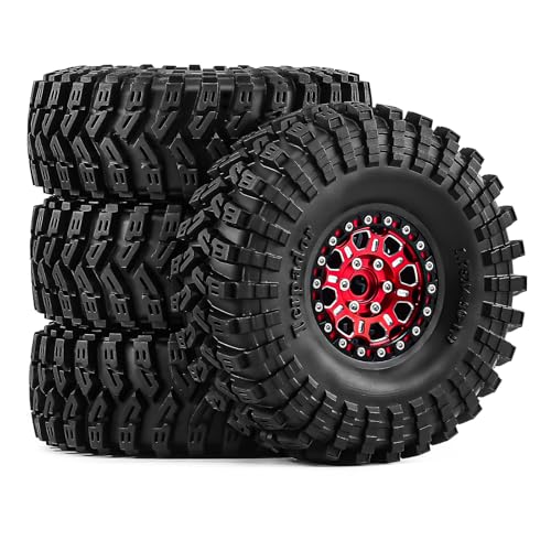 1.9" Beadlock Aluminum Wheels and 124mm Soft Rubber Tires | for SCX10 TRX4 1/10 RC, 12mm Hex, 0mm Offset, with Foam Inserts, RC Crawler Upgrade Parts (Red) - color: Red