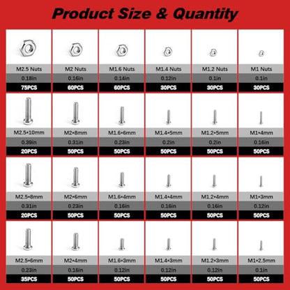 1110Pcs 304 Stainless Steel Tiny＆ Small Screws, Metric Micro Screw Nuts | M1 M1.2 M1.4 M1.6 M2 M2.5 Sizes, Phillips Pan Head, RC Models, Electronics, Watch, Glasses, and DIY Repairs.