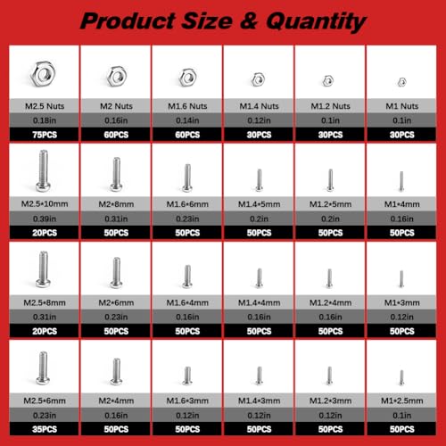 1110Pcs 304 Stainless Steel Tiny＆ Small Screws, Metric Micro Screw Nuts | M1 M1.2 M1.4 M1.6 M2 M2.5 Sizes, Phillips Pan Head, RC Models, Electronics, Watch, Glasses, and DIY Repairs.