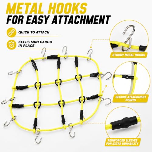 1:24 RC Roof Cargo Net with Hooks, 80x65mm Elastic Luggage Net for Axial SCX24 90081 AXI00002 AXI00001 AXI90081 C10 JLU Gladiator Bronco TRX4M 1/24 1/18 RC Crawler Scale Accessories, Yellow - color: Yellow