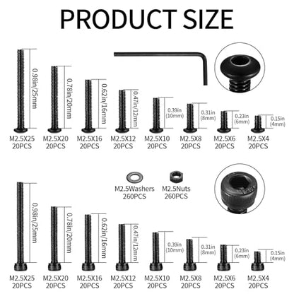 840 Pcs M2.5 Small Metric Screws with Nuts, Hex Socket Head Cap and Nut Assortment Kits, Carbon Steel Replacement Machine Fastener Screws and Bolts Nuts (M2.5 840 Black) - color: M2.5 840 Black