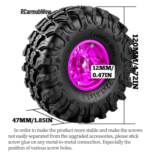 1.9 Inch Beadlock Aluminum Wheels and Tires, 4PCS RC Crawler Wheel Tire Set Compatible with 1/10 Scale SCX10 90046 AX103007 SCX10 II III TRX4 TRX6 Gen7 Gen8 D90 VS4-10 MST CFX,Pink - color: Pink(4pcs)