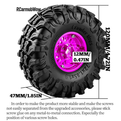 1.9 Inch Beadlock Aluminum Wheels and Tires, 4PCS RC Crawler Wheel Tire Set Compatible with 1/10 Scale SCX10 90046 AX103007 SCX10 II III TRX4 TRX6 Gen7 Gen8 D90 VS4-10 MST CFX,Pink - color: Pink(4pcs)