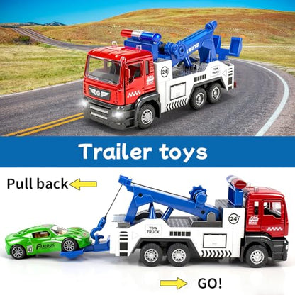Diecast Tow Truck Toy, Pull Back Vehicle with 2 Mini Cars for Boys | Carrier Trucks Toys with Lights & Sound, Metal Tow Truck and Trailer for Kids Toddlers Age 3 4-7 8 9 Years Old - style: Tow Truck