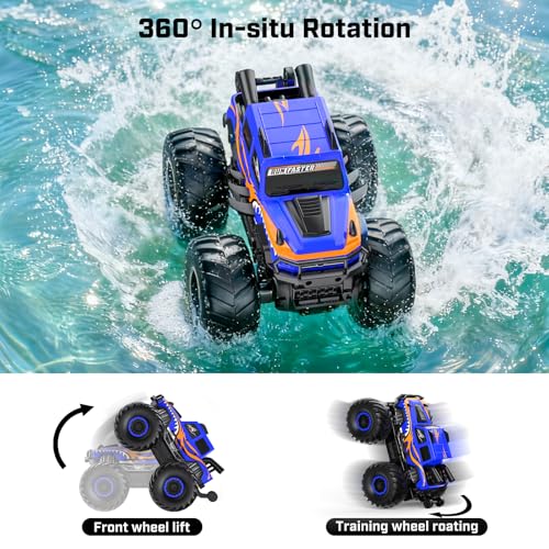 WayEee Amphibious Remote Control Car All Terrain RC Monster Truck Toys/Blue | waterproof 4X4 monster truck off-road vehicles 2.4GHz remote control 1/18 Scale rc car toy for kids 6+ boys girls gifts - color: Blue