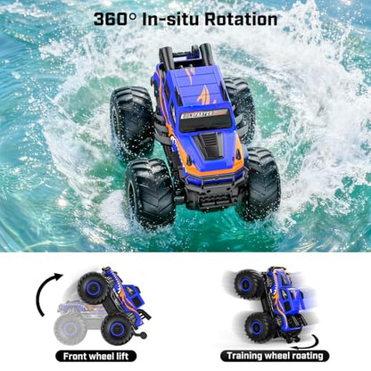 WayEee Amphibious Remote Control Car All Terrain RC Monster Truck Toys/Blue | waterproof 4X4 monster truck off-road vehicles 2.4GHz remote control 1/18 Scale rc car toy for kids 6+ boys girls gifts - color: Blue