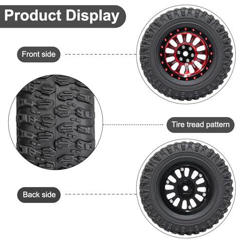LRFHL 1.3" Beadlock Wheel Tires Aluminum for SCX24 TRX4M, 4PCS, Red | Upgraded 1.45-inch Wheel, 1/24 SCX24 1/18 TRX4M RC Crawler Car Upgrade - color: Black Tires+ Red Wheels-1