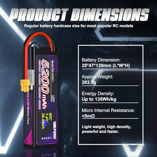 7.4V Lipo Battery 2S 5200mAh 80C Lipos Hard Case with XT60 Connector for RC Car Trucks 1/8 1/10 RC Vehicles(2 Packs) - color: XT60