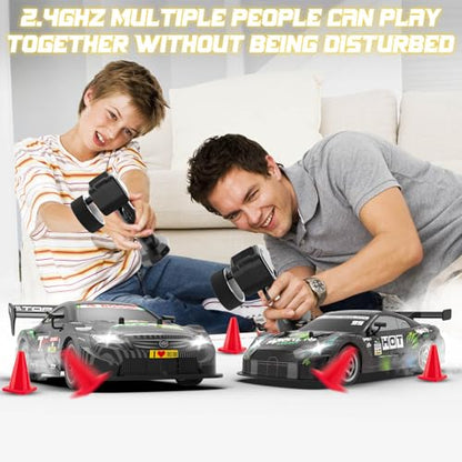 RC Drift Car 1:16, 2.4GHz 4WD 30+KM/H High Speed Remote Control Car with LED Lights Two Batteries and Drift Tires, Drifting RC Cars for Adults Boys Kids, Gray - color: Gray