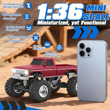 [2026 Upgrade 1/36 Mini RC Crawler, 4WD Micro Off Road Truck | Red Micro RC Crawler, 1/36 RC Crawler Mini RC Truck Toys for Ages 8-14, Birthday Gifts for Boys Girls, RTR 2.4GHz - color: Red