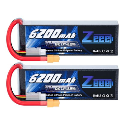 Zeee 2S 6200mAh Lipo Battery 7.4V 120C with XT60 Connector (2 Pack) | Soft Case RC Car Battery for RC Vehicles RC Truck Tank Truggy Boat Racing Hobby Models