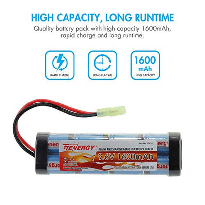Tenergy 9.6V Airsoft Battery 1600mAh NiMH Flat Battery Pack w/Mini Tamiya Connector for Airsoft MP5, Scar, M249, M240B, M60, G36, M14, RPK, PKM