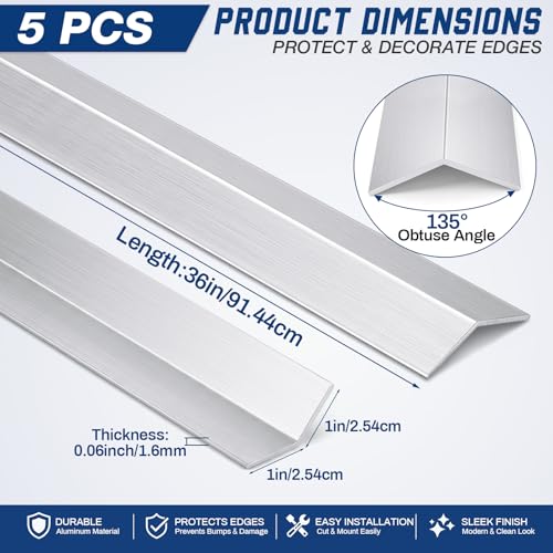 5 Pcs 1''x 1''x 1/16'' Aluminum Corner Trim, 135 Degree Aluminum Angle Moulding for Furniture Protection and Wall Corner Guard, Mill Finish 6063 T5 Extruded Metal L Shape Edge 36 Inch Lengths