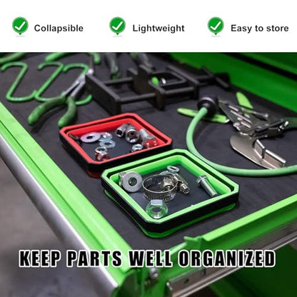 Yourkar Collapsible Magnetic Parts Tray, 4.5 Inch Foldable Magnetic Square Silicone Tray, Tool Tray Set with Double-Sided Magnetic Base for Screw Bolts Nuts Pins, Car Accessories (Green) - color: Green, 1 PCS