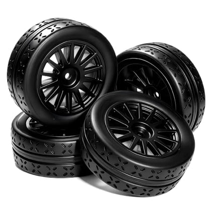 OD 70mm 1/10 RC Rally Racing Street Tires and Hard Plastic Wheels 12mm Hex for MJXRC 10304 Tamiya TT01 TT02 XV02 XV01 TA06 HPI KYOSHO PTG2 1:10 Scale On Road Drift Touring Car 4PCS (Black) - color: Black