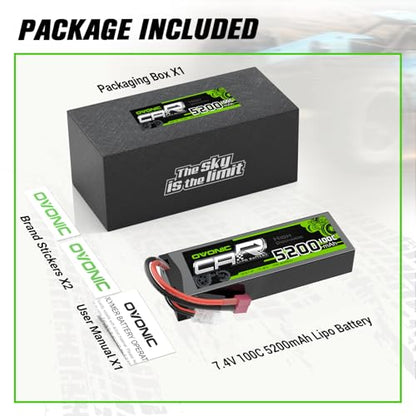OVONIC Lipo Battery 7.4V 100C 5200mAh 2S Battery T-Style Plug Connector with Housing for RC Car Truck Vehicle Buggy Losi 1/10 Scale Racing Model